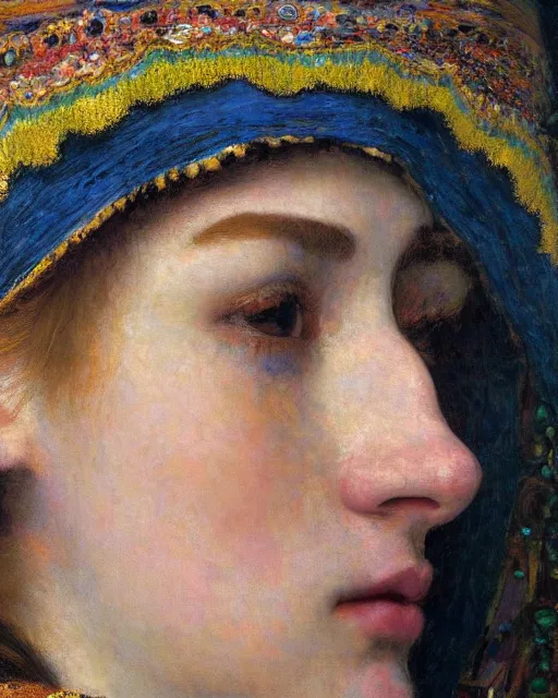 Image similar to a close up of beautiful wearing a balaclava surrounded by colourful intricate patterns, by gustave klimt edgar maxence and caravaggio and michael whelan, intricate painting, hyper realistic, extremely detailed and beautiful aesthetic face, 8 k resolution