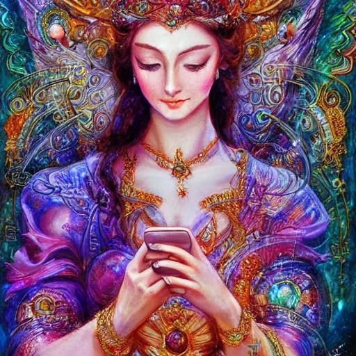 Image similar to a goddess checking her phone by senior concept artist josephine wall, high resolution trending on art station