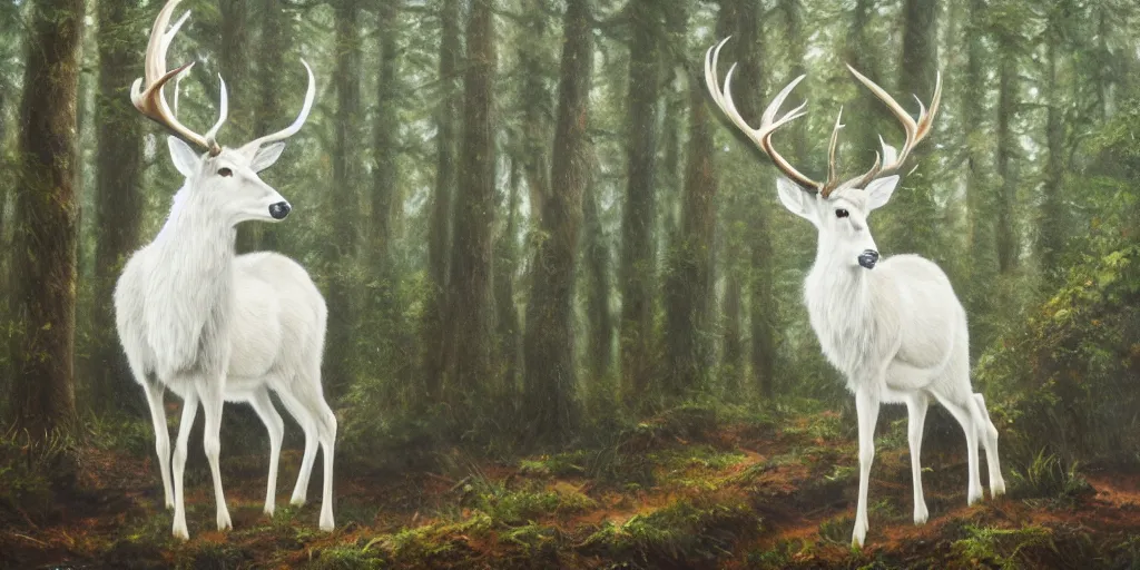 Image similar to an oil painting of the king of the forest: a white stag, beautiful, fantasy, hyper realistic, dramatic lighting, 8k,