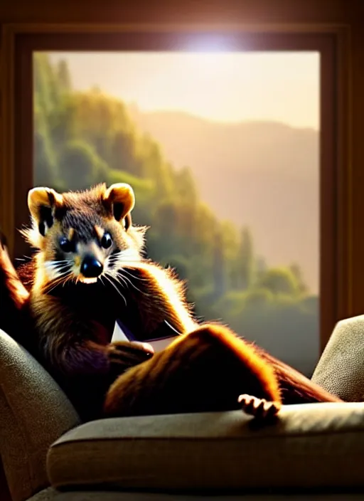 Prompt: A beautiful scene from a 2022 Marvel film featuring a humanoid pine marten in loose clothing reading on a couch. An anthropomorphic pine marten wearing a white shirt. Golden hour.