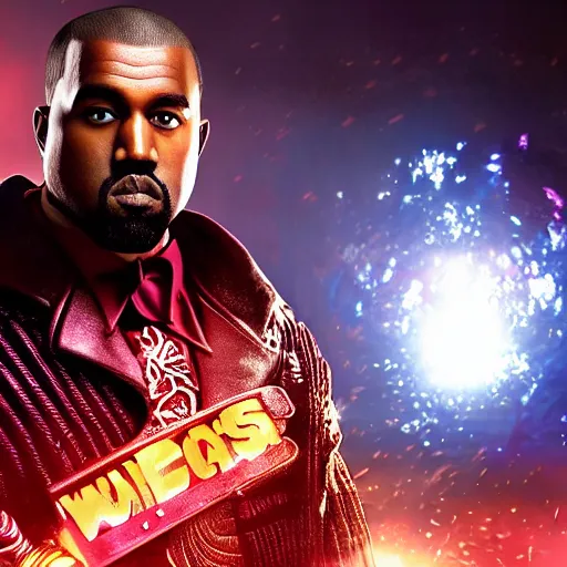 Image similar to Portrait of Kanye West as willy wonka in gears of war, splash art, movie still, cinematic lighting, dramatic, octane render, long lens, shallow depth of field, bokeh, anamorphic lens flare, 8k, hyper detailed, 35mm film grain