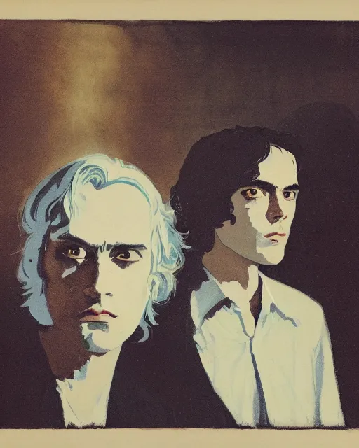 Image similar to two beautiful but sinister young men wearing oxford shirts in layers of fear, with haunted eyes and dark hair, 1 9 7 0 s, seventies, wallpaper, a lot of blood, moonlight showing injuries, delicate embellishments, painterly, offset printing technique, by brom, robert henri, walter popp