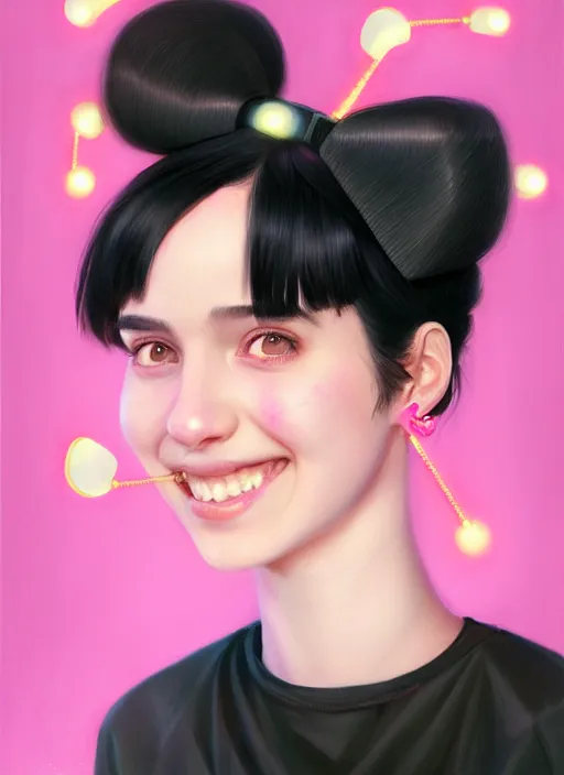 Image similar to portrait of teenage girl, realistic, black hair, bangs, half updo hairstyle, pointy nose, skinny, smile, ugly, defined jawline, big chin, pink hair bow, earrings, intricate, elegant, glowing lights, highly detailed, digital painting, artstation, sharp focus, illustration, art by wlop, mars ravelo and greg rutkowski