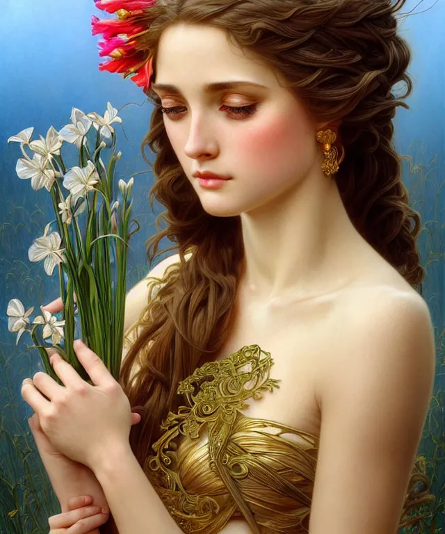 Prompt: young goddess with gladioli, portrait, blue eyes, beautiful face, long hair, head in focus, fantasy, ornamental, intricate, elegant, sensual, highly detailed, digital painting, artstation, concept art, smooth, golden ratio, sharp focus, illustration, art by artgerm and Greg Rutkowski and Alphonse Mucha and Karol Bak