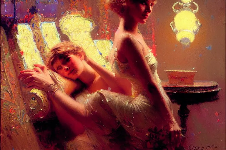 Image similar to spring, neon light, painting by gaston bussiere, craig mullins, j. c. leyendecker