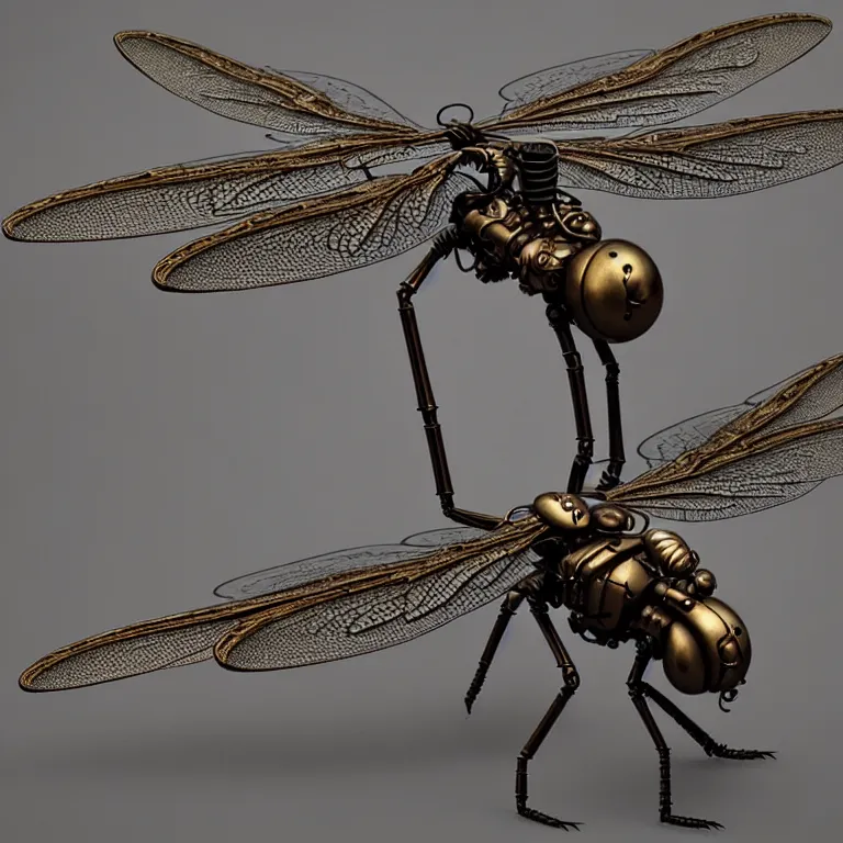 Image similar to steampunk robot dragonflies, 3 d model, unreal engine realistic render, 8 k, micro detail, intricate, elegant, highly detailed, centered, digital painting, artstation, smooth, sharp focus, illustration, artgerm, tomasz alen kopera, wlop