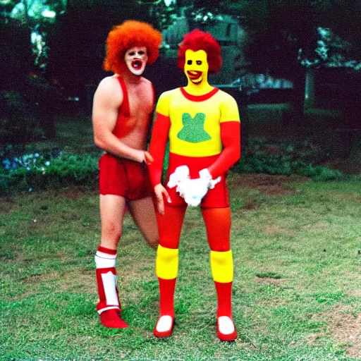 Prompt: Ronald McDonald vs Kurger Bing backyard wrestling, 35mm film