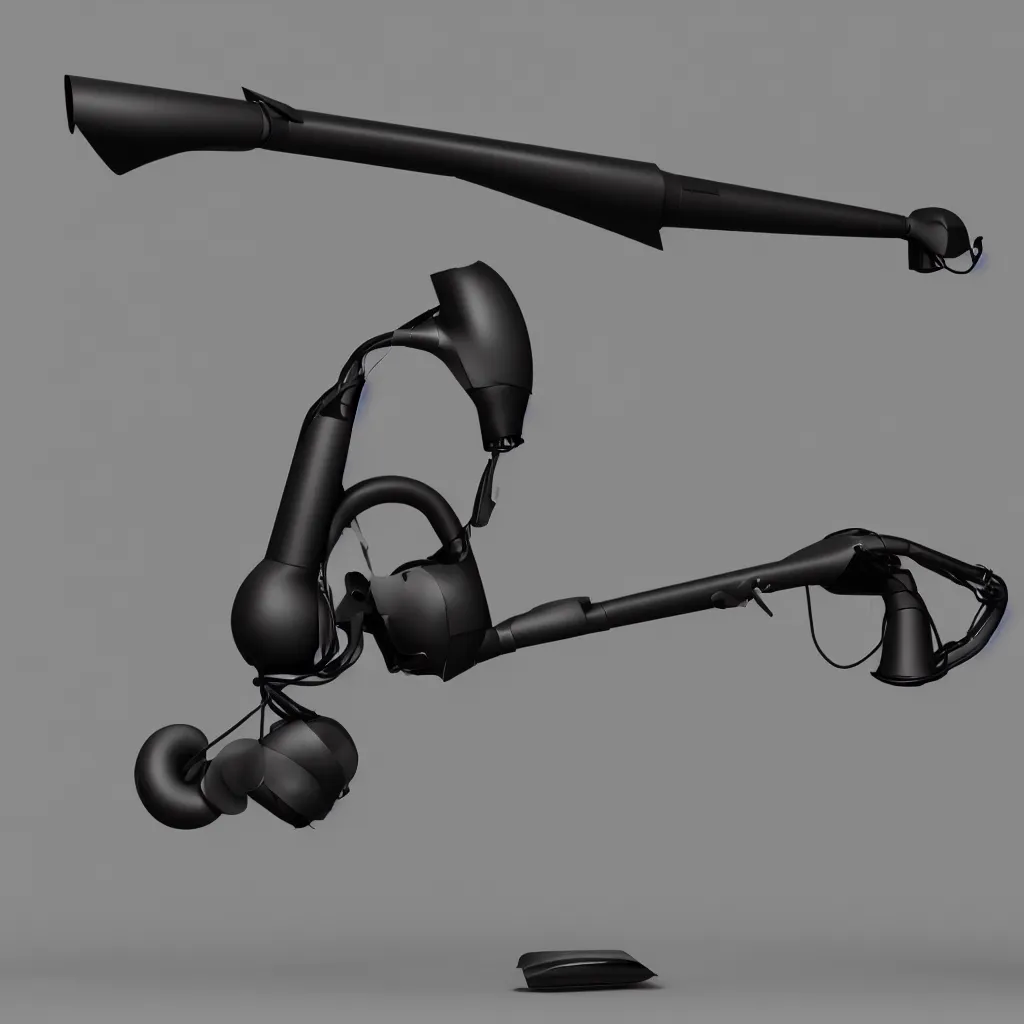 Prompt: aerodynamic audio design concept, electronic high tech musical, very distant shot render matte black, centered on studio gray background, design by james dyson, jonathan ive, futuristic organic shape, all black technologic design, octane engine render, product concept, unreal engine 6 render