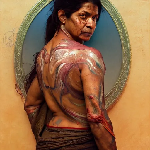 Prompt: portrait painting of a muscular bloodied indian old woman lower back, ultra realistic, concept art, intricate details, eerie, highly detailed, photorealistic, octane render, 8 k, unreal engine. art by artgerm and greg rutkowski and alphonse mucha