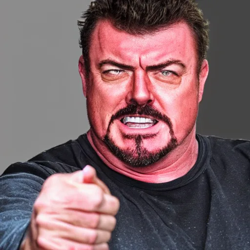 Image similar to robb wells. red, bloodshot eyes. pointing at the camera, shouting mean words, angry, red faced