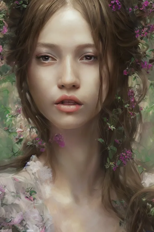 Image similar to portrait of a princess, painting by wlop, michael wellen, john stephens, artgerm, in a verdant garden, tone mapping, trending on artstation