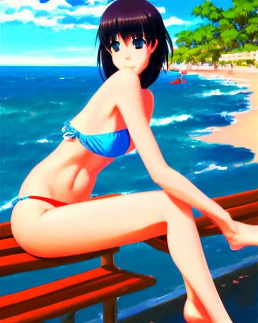 Prompt: girl in bikini sitting on the bench near the sea | very anime!!!, fine face, audrey plaza, realistic shaded perfect face, fine details. anime. strong realistic shaded lighting poster by ilya kuvshinov katsuhiro otomo ghost, magali villeneuve, artgerm, jeremy lipkin and michael garmash and rob rey