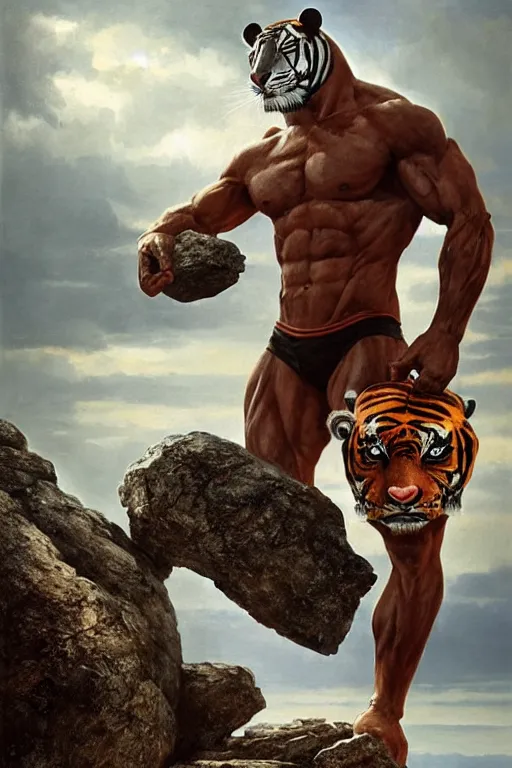 Image similar to a humanoid muscular man with a tiger mask stands on a rock by greg rutkowski, magic realism, hyper realistic, 2 0 0 mm lens