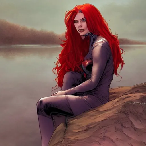 Prompt: a beautiful comic book illustration of a vampire woman with long red hair sitting near a lake by Jerome Opeña, featured on artstation