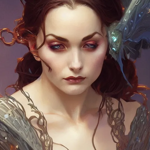 Prompt: Female witch closeup, D&D, fantasy, intricate, elegant, highly detailed, digital painting, trending on artstation, concept art, illustration, art by Artgerm and Greg Rutkowski and Alphonse Mucha