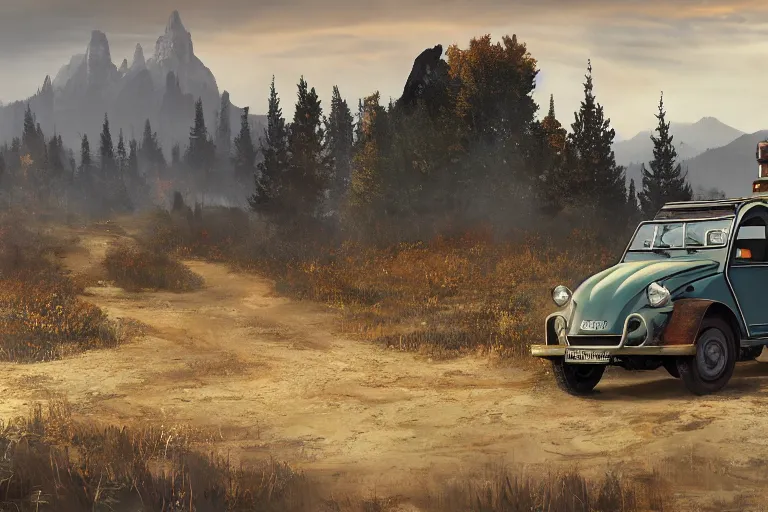 Image similar to offroad citroen 2 cv ( 1 9 6 5 ) driving across the rift, riften city in the background, epic fantasy, autumn, the elder scrolls v : skyrim, dramatic lighting, establishing shot, by simon stalenhag