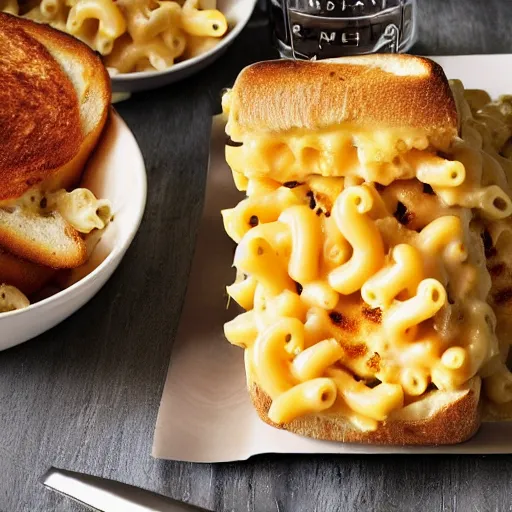 Prompt: a mac n cheese sandwich, cookbook photo