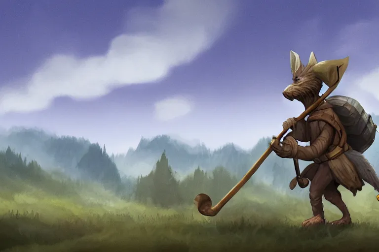 Image similar to a lone kobold carrying a bindle stick, traveling long dirt road, d & d, fantasy setting, 4 k, digital art