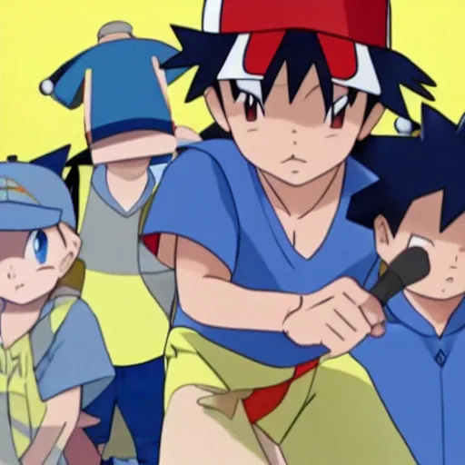 Prompt: ash ketchum as a pokemon in a fight against gary oak and pikachu as the trainer cheering him on