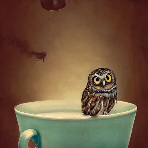 Image similar to long shot of a very cute young owl sleeping in a tea cup, by esao andrews, by james jean, marc simonetti, humorous illustration, hyperrealistic, big depth of field, fresh colors, dim light, 3 d octane render conceptart, 4 k, hyperdetailed, trending on artstation