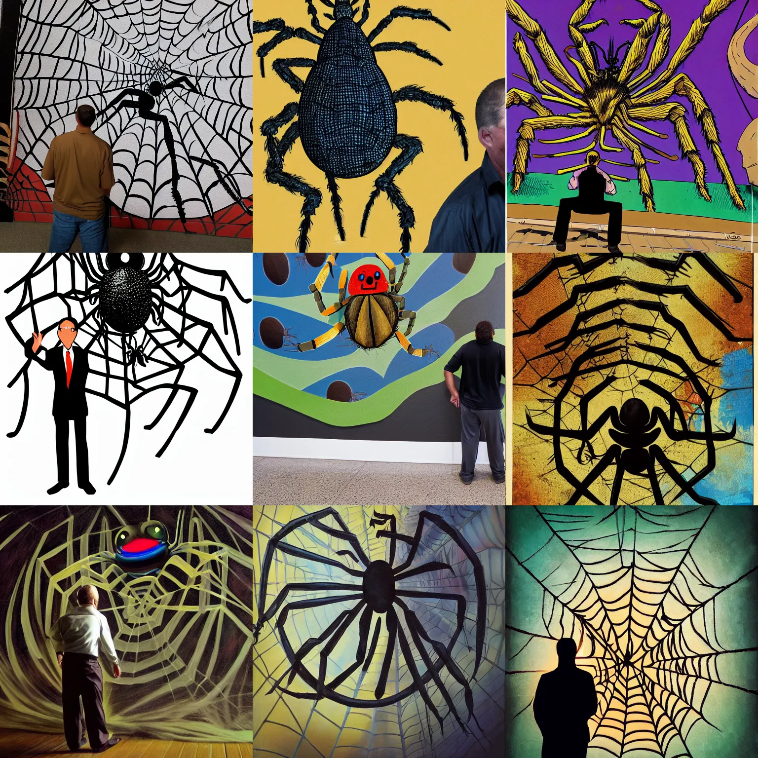 Prompt: a scared man backing away from a giant spider. alegria art, corporate memphis style.