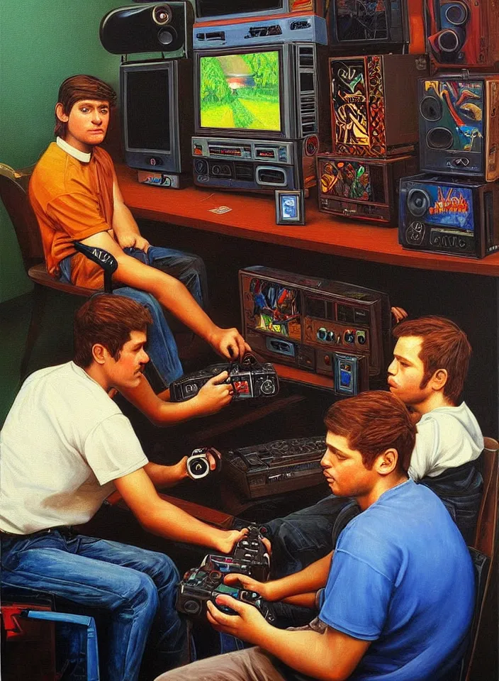 Image similar to Portrait of men playing video games on CRT television using Atari joysticks. Painting by Robert Edward Hughes. Intricate details. hyper realism. Masterpiece.