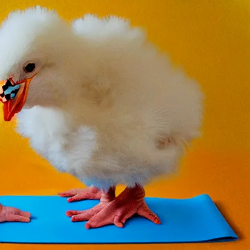 Image similar to A realistic baby Chiken doing yoga, photorealistic,