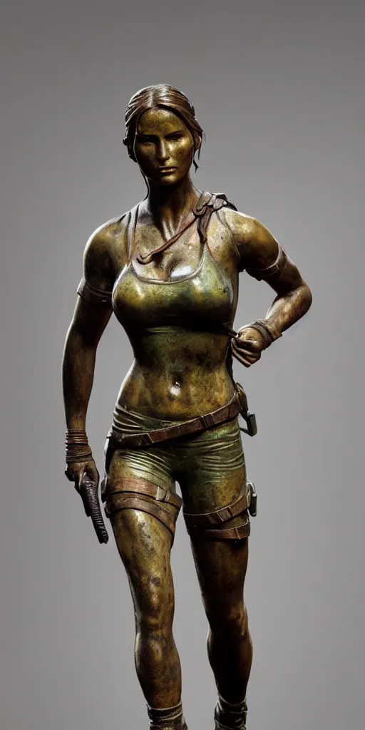 Prompt: detailed photo of an old bronze patina statue of beautiful lara croft posing for a full body portrait, photorealism, intricate detail, museum diffuse lighting