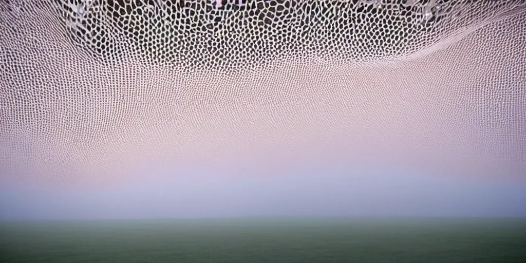 Image similar to white honeycomb organic building by ernesto neto sits on the field in low fog, light - mint with light - pink color, 4 k, insanely quality, highly detailed, film still from the movie directed by denis villeneuve with art direction by zdzisław beksinski, telephoto lens, shallow depth of field