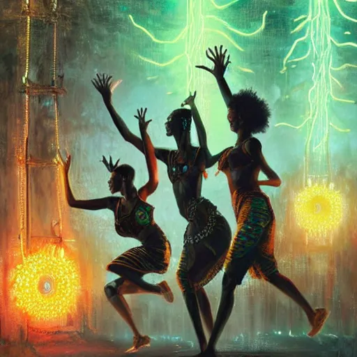 Prompt: african women dancing around a glowing, energized, steampunk neon portal near the electric tree of life in a lightning storm, by greg rutkowski. oil on canvas, detailed and intricate environment, radiant lighting. highly detailed. masterpiece