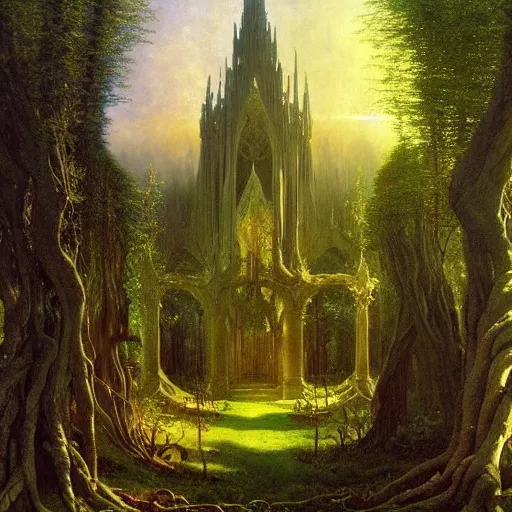 Prompt: a beautiful and highly detailed matte painting of an elven cathedral in a magical celtic forest, otherworldly trees and plants and flowers, detailed spires, by caspar friedrich, albert bierstadt, james gurney, brian froud,