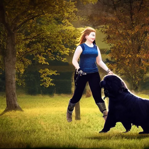 Image similar to girl riding a giant newfoundland dog in the park, trending on artstation