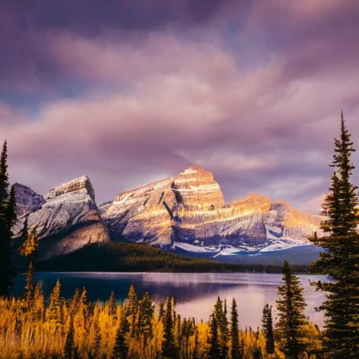 Prompt: landscape photography, canadian rockies, bears, trees, lake, golden hour