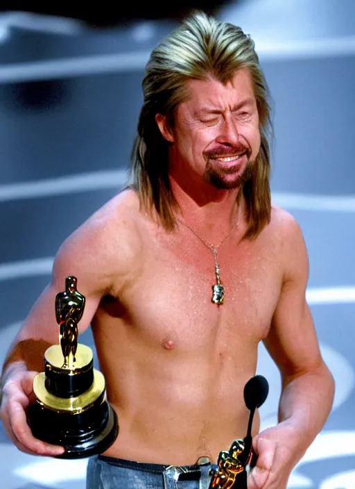 Prompt: a hyper realistic ultra realistic photograph of Joe Dirt winning an oscar, highly detailed, 8k photograph, real hands