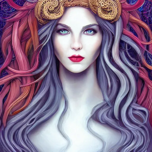 Image similar to character concept portrait of a beautiful woman with pale full face, medusa, with a lot of snakes for hair, blue / grey eyes, elegant, digital painting, art nouveau, smooth, focus, red glow