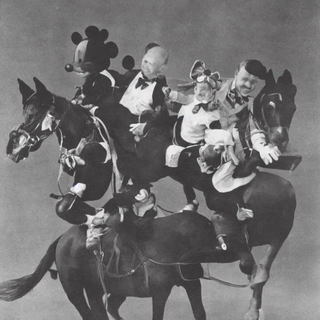 Image similar to a photograph of mickey mouse riding a horse called mini mouse