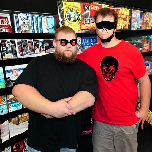 Image similar to ethan van sciver hanging out with a short stocky guy who wears a red ski mask over his face with black ski goggles, cargo shorts and a plain black t - shirt that says cash grab