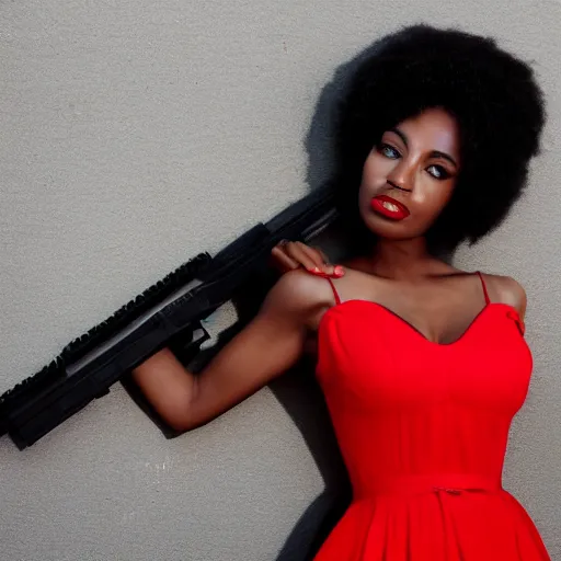 Image similar to Gorgeous black woman wearing red dress, holding an AK-47, photo realistic, detailed face