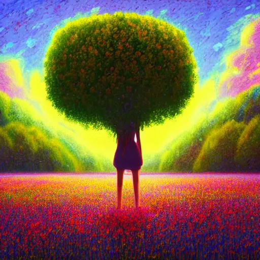 Prompt: girl made from surreal exploding flowers, standing in flower field, big trees, sunrise dramatic light, impressionist painting, colorful clouds, digital painting, pointillism, artstation, simon stalenhag