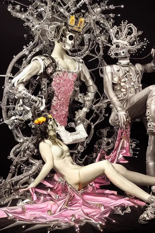 Image similar to full-body rococo and cyberpunk style neon statue of a young attractive portugues macho dotado android reclining sim roupa con piroca dura, glowing white laser eyes, prince crown of pink gears, diamonds, swirling silver-colored silk fabric. futuristic elements. full-length view. space robots. human skulls. intricate artwork by caravaggio. Trending on artstation, octane render, cinematic lighting from the right, hyper realism, octane render, 8k, depth of field, 3D