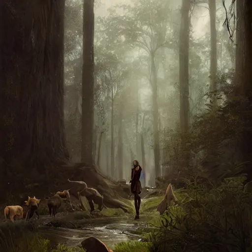 Image similar to 'portrait of a wood-elf surrounded by animals in the woods, art by Greg Rutkowski, 4k'