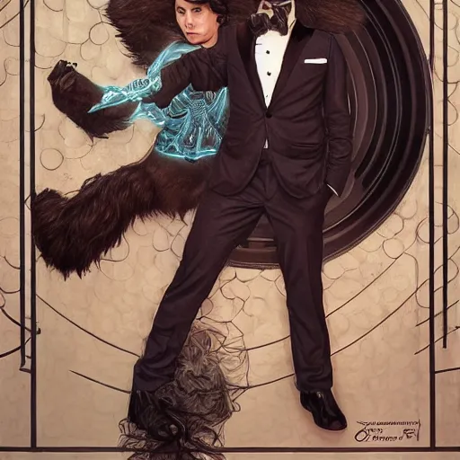 Image similar to photo booth, john oliver in mouse costume, adam driver in a suit, stylized, centered, dark, smokey, fantasy, intricate, detailed, digital painting, deviant art, art by artgerm, art by greg rutkowski, art by alphonse mucha