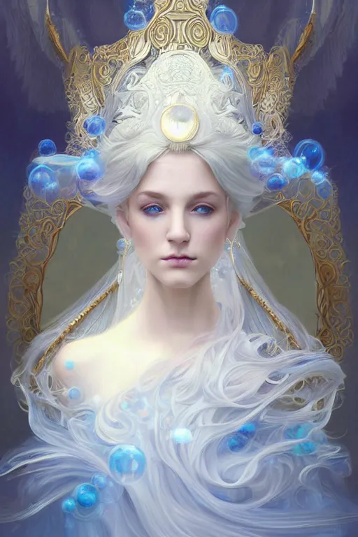 Image similar to portrait of white ghost, fantasy, gradient white blue grey, dreamy and ethereal, blue eyes, golden ratio, peaceful expression, ornate frilly dress, fantasy, intricate, elegant, rainbow bubbles, highly detailed, digital painting, artstation, concept art, smooth, b sharp focus, illustration, art by artgerm and greg rutkowski and alphonse mucha