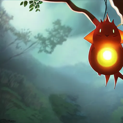 Image similar to a pokemon that looks like bat, bat hanging upside down in a tree, glowing like a light bulb, digital art. unreal engine.