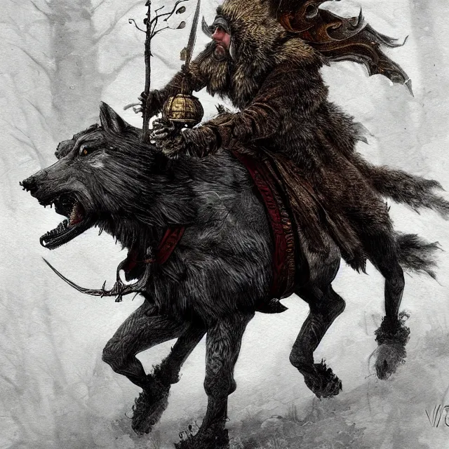 Image similar to young tsarevitch ivan riding on big grey wolf, slavic folk fairytale, story, fable, dramatic, fantasy art, an ultrafine detailed painting, academic art, ornate, inticate, elegant, sharp focus, artstation, by pavel korin, viktor vasnetsov