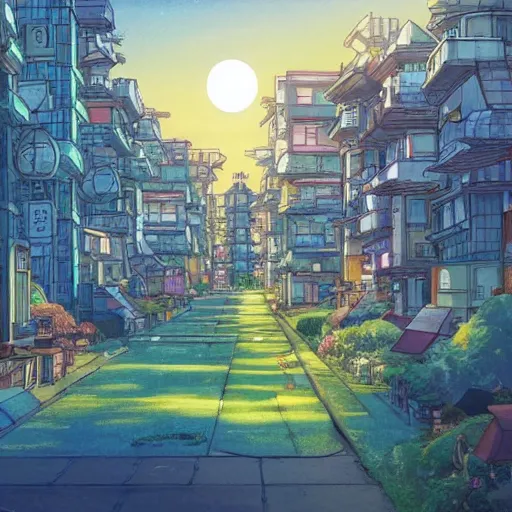 Image similar to a solarpunk city in the style of studio ghibli