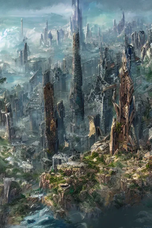 Image similar to photograph of a fantasy metropolis of tall towers at the top of a cliff looking over a river, concept art, trending on artstation