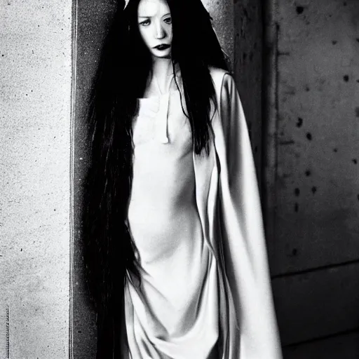 Prompt: 1990s fashion photo, full-body portrait of a young woman wearing cyberpunk robes designed by Yohji Yamamoto, professional studio photography