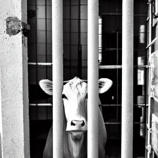 Prompt: bottle of milk in front of a jailcell with a calf inside