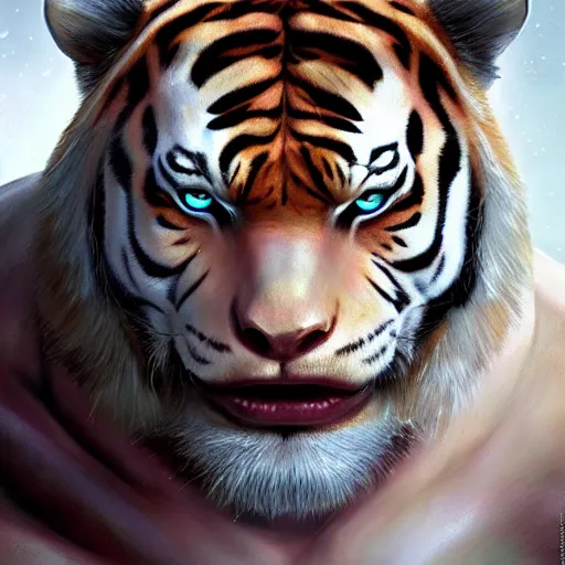 Image similar to a esthetic portrait commission of a muscular antrho albino tiger wearing the superman outfit,hyperdetailed face,character design by charlie bowater,ross tran,artgerm,makoto shibkai,photorealistic,western comic book art,film poster,deviantart,artstation